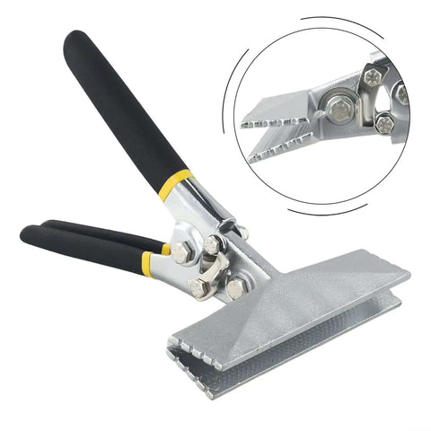 All In One Sheet Metal Bending Pliers With Straight Or Elbow Handles And Non Slip Grip, Workhorse Hand Seamer Crimping Tool with close-up of serrated jaw
