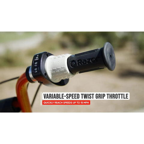 Close-up of MX500 Dirt Rocket Electric Ride On Bike Twist Grip Throttle, showing variable-speed control for up to 15 MPH