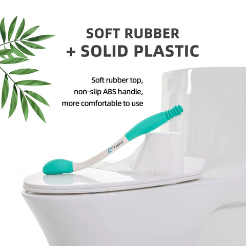 Long Reach Toilet Aid For Easy Wiping with soft rubber head and solid plastic handle shown on toilet seat
