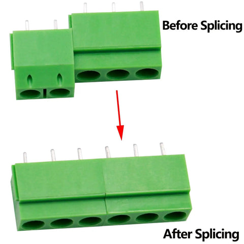 60 Pack Go-To 2 Pin and 3 Pin 5mm Pitch PCB Mount Screw Terminal Block Connectors Can Be Spliced Green for 14-22 AWG Wires Rated AC 300V 10A Easy To Install, before-after splicing
