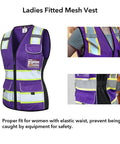 Straight Up High Visibility Reflective Safety Vest For Women With Deep Zippered Pockets, Ladies Fitted Mesh Work Vest, 3M Tape, Purple Medium, showcasing pockets and reflective strips.