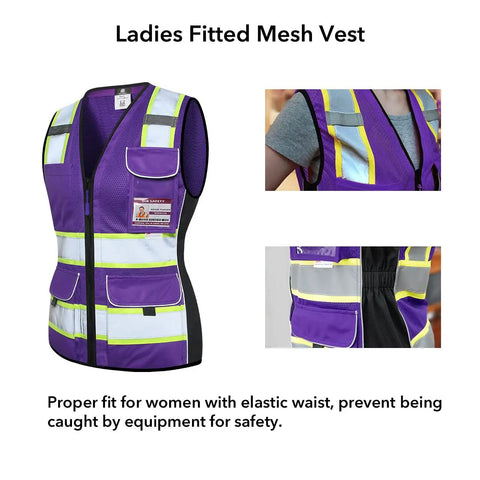 Straight Up High Visibility Reflective Safety Vest For Women With Deep Zippered Pockets, Ladies Fitted Mesh Work Vest, 3M Tape, Purple Medium, showcasing pockets and reflective strips.