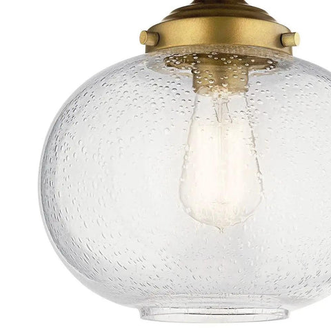 Close view of Avery 9.75 Inch One Light Semi Flush Mount with clear seeded glass and brushed nickel finish showcasing bulb.