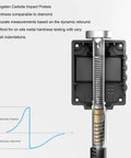 7 In 1 Digital Pen Type Leeb Hardness Tester metal probe detail with ABS and tungsten carbide build, rebound method graph.