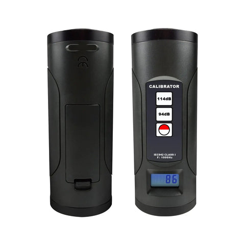 Front and back view of Easy Use Sound Level Calibrator For One Inch And One Half Inch Mics With LCD Display, 94 dB And 114 dB Digital Calibrator
