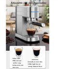 Semi Automatic Espresso Machine With 15 Bar Pressure And Powerful Milk Frother To Hit That Perfect Crema, Stainless Steel Home Coffee Maker brewing coffee in a glass.