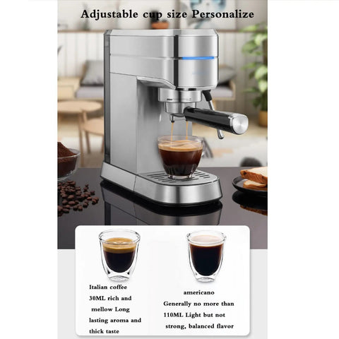 Semi Automatic Espresso Machine With 15 Bar Pressure And Powerful Milk Frother To Hit That Perfect Crema, Stainless Steel Home Coffee Maker brewing coffee in a glass.