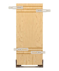Front view of Wood Base Cabinet Pullout Organizer with Soft Close Modular Utensil Bin Knife Bin and Spice Bins, wood frame, chrome rails.