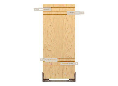 Front view of Wood Base Cabinet Pullout Organizer with Soft Close Modular Utensil Bin Knife Bin and Spice Bins, wood frame, chrome rails.