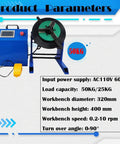 Heavy Duty Rotary Welding Positioner Turntable With Stepless Speed Control And Manual Tilt Design Featuring 320Mm Workbench For Rock Solid Stability And Top Shelf Fabrication Runs 110V 50Kg Capacity with control panel and specifications.
