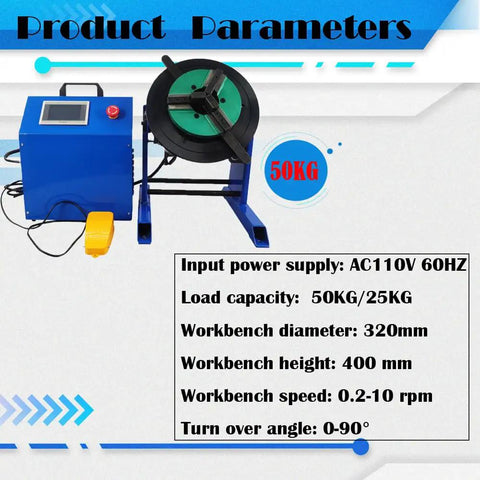 Heavy Duty Rotary Welding Positioner Turntable With Stepless Speed Control And Manual Tilt Design Featuring 320Mm Workbench For Rock Solid Stability And Top Shelf Fabrication Runs 110V 50Kg Capacity with control panel and specifications.