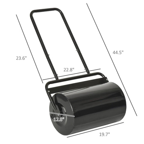 Versatile Push And Tow Lawn Roller With 10 Gallon Capacity For Water Or Sand To Flatten Fresh Sod And Uneven Lawns In The Backyard Durable Steel Construction Black Finish Great For Frost Dips And Mole Hills, side view showing dimensions.