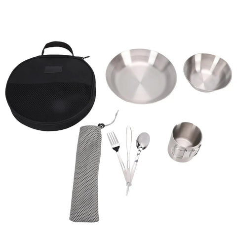 Outdoor Camping Utensil Set With 304 Stainless Steel Cutlery Thickened Cup Bowl And Plate Double Layer Vacuum Cup Lightweight 546g Mess Kit