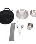 Camping Utensil Set Stainless Steel 304 Mess Kit Cup Bowl Plate Knife Fork Spoon With Mesh Carry Bag For Picnic Beach Party Rustproof And Organized For Easy Travel Clank Free On The Go displayed with carry bag