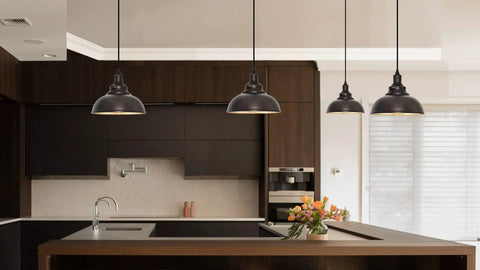 Three Pack Farmhouse Pendant Lights With Adjustable Height For Kitchen Island, Industrial Barn Style Ceiling Fixtures In Oil Rubbed Bronze With Gold Interior, Durable Metal Trio Lighting Over Island Sink