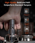 Close-up of Hella Reliable Espresso Tamper For 53.3mm Portafilters demonstrating sound feedback and pressure feature.