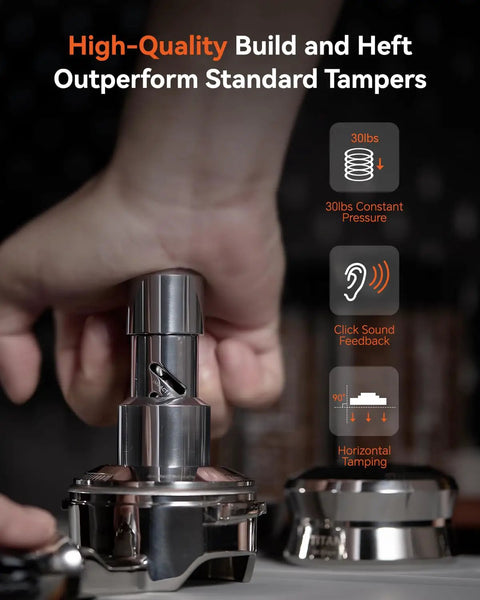 Close-up of Hella Reliable Espresso Tamper For 53.3mm Portafilters demonstrating sound feedback and pressure feature.