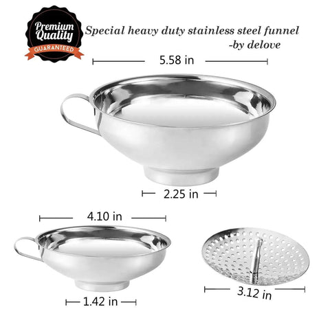 Three Piece Wide Mouth And Regular Mouth Canning Funnel Set With Strainer Stainless Steel dimensions and details