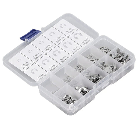 All In One E Clip Assortment Kit With Nine Metric Sizes Stainless Steel External Circlips For Bearings Gears Pulleys And Axles
