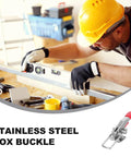 Worker using a level in a workshop with two pack self locking 304 stainless steel toggle clamp for quick press door bolts visible.