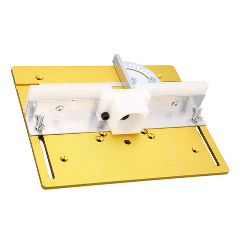 Top Notch Aluminum Alloy Shank Router Bit Set Paired With Precision Router Table Insert Plate And Heavy Duty Router Lift System For A Plug And Play Workshop Upgrade Shop Ready Workhorse Gold Finish showing a gold insert plate with adjustable fence.