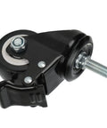 Built Tough 25 Inch Swivel Caster Wheel With Snappy Lock Brake And Twin Bearings For Heavy Duty Cart Furniture Trolley Low Noise Poly Roller M12 Mount, close-up view of black wheel and brake.