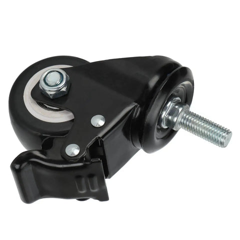 Built Tough 25 Inch Swivel Caster Wheel With Snappy Lock Brake And Twin Bearings For Heavy Duty Cart Furniture Trolley Low Noise Poly Roller M12 Mount, close-up view of black wheel and brake.