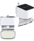 Solar Led Outdoor Flood Light With Motion Sensor Wireless Security Lighting For Backyard Fence Deck And Patio Dusk To Dawn 2000 Lumens White Multi Directional Lamp Easy Install No Wiring, showing front and side views of the white lamp with solar panel and LED lights.