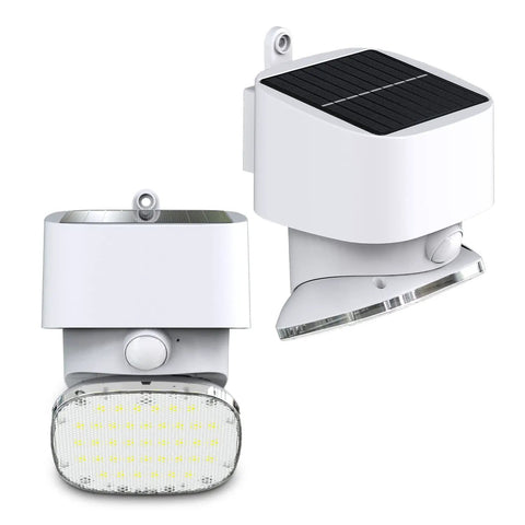 Solar Led Outdoor Flood Light With Motion Sensor Wireless Security Lighting For Backyard Fence Deck And Patio Dusk To Dawn 2000 Lumens White Multi Directional Lamp Easy Install No Wiring, showing front and side views of the white lamp with solar panel and LED lights.