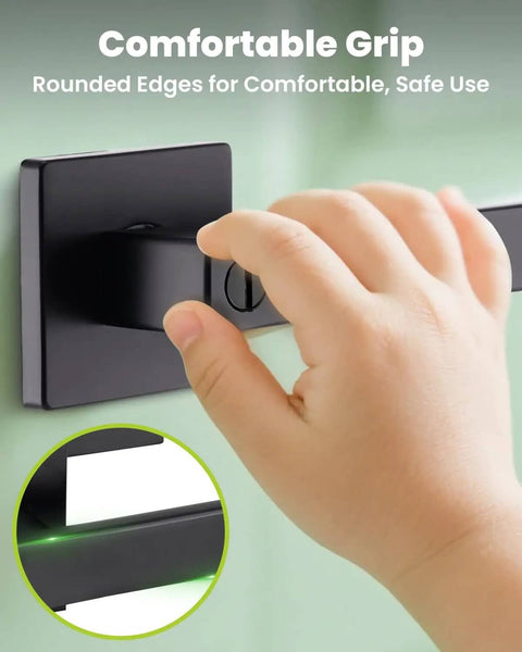 Child gripping matte black keyless privacy door lever with lock set, square design, for bedrooms and bathrooms, ANSI certified.