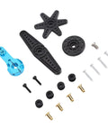Heavy Duty 35 Kilogram Digital Servo Motor With Legit Steel Gears And An Aluminum Housing For One Ten Scale RC Builds parts including blue and black servo arms and screws.