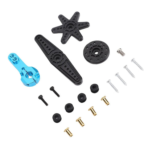 Heavy Duty 35 Kilogram Digital Servo Motor With Legit Steel Gears And An Aluminum Housing For One Ten Scale RC Builds parts including blue and black servo arms and screws.