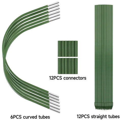 Six Piece Garden Hoop Kit For Greenhouses Rust Free Grow Tunnel Stakes with curved tubes, straight tubes, and connectors