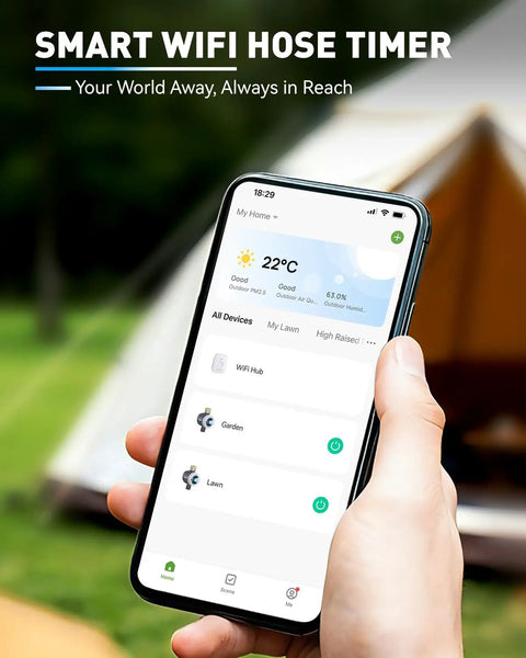 Hand holding smartphone displaying Smart WiFi Water Timer For Garden Hose And Sprinklers With Brass Inlet, Tuya App Control On 2.4Ghz WiFi And Bluetooth, Remote Scheduling For Yard And Lawn, Easy Setup, Weatherproof Irrigation System For Yard And Garden app