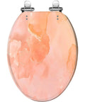 Elongated Toilet Seat Quiet Close for Home Bathroom, pink marble design, top view, features chrome hinges, 14.5" x 18.5" size.