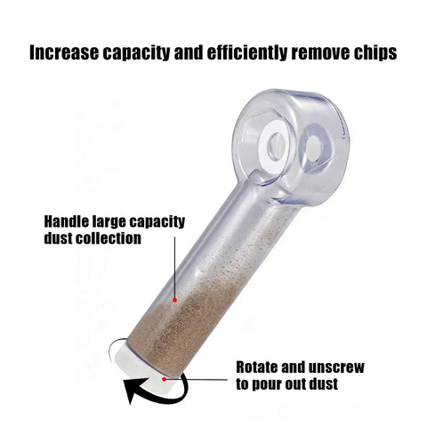 Transparent Drill Dust Catcher Kit For Power Tools And Woodworking Bits With Clear Depth Gauge To Keep Your Setup Clean And Stop Sawdust From Kicking Up On The Fly, showing clear dust collection chamber.