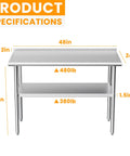 Front view of the Stainless Steel Prep And Work Table 24 By 48 Inches, Heavy Duty Commercial Kitchen Workstation with adjustable undershelf.
