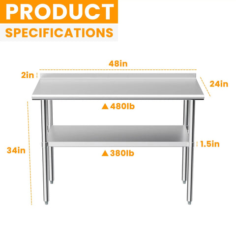 Front view of the Stainless Steel Prep And Work Table 24 By 48 Inches, Heavy Duty Commercial Kitchen Workstation with adjustable undershelf.