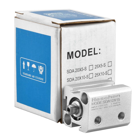 Compact Aluminum Pneumatic Air Cylinder SDA 12-15 With 12mm Bore And 15mm Stroke M5 Port next to product box.
