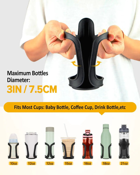 Person demonstrating Pack Of 2 Stroller Cup Holders Universal Drinks Holder for bikes, trolleys or walkers in black, 3in diameter.