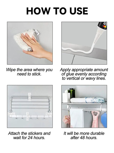 5 Pack Quick-Dry All Purpose Glue Kit With Snip Tip Applicator Caps for invisible sealant and strong no mess repairs on shelves.