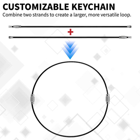 Customizable twenty pcs stainless steel wire keychain cables with 1.5mm core and 6 inch large key rings for versatile loops.