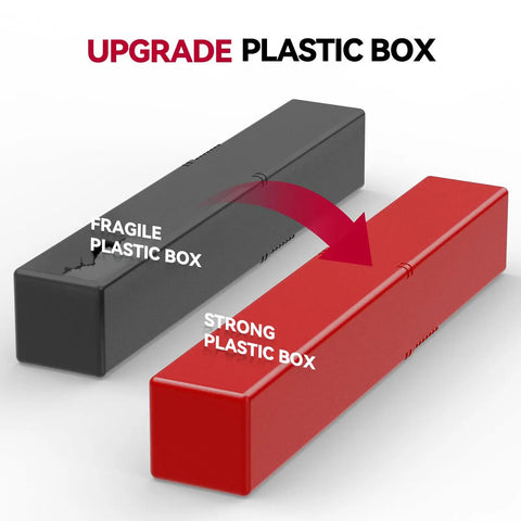 Comparison between fragile plastic box and strong red plastic box with upgrade text, related to Aluminum TIG Welding Rod ER4043 Filler Wire One Sixteenth Inch By 16 Inch, 5 Pound Pack For TIG Welds, Silicon Alloy With High Liquidity And Heat Resistance, Works Great With Argon Shielding Gas.
