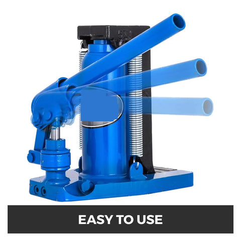 Heavy Duty Toe Lift Jack Featuring Air Hydraulic Action And Heat Treated Steel Cylinder, showing blue hydraulic levers in action.