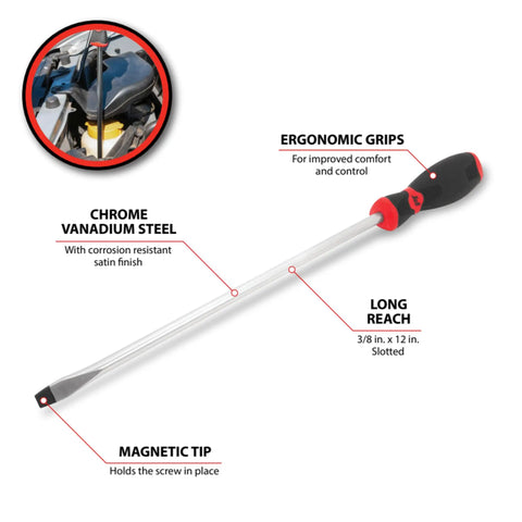 Slotted Screwdriver Three Eighths Inch By Twelve Inches With Magnetic Tip, Ergonomic Non Slip Grip, Chrome Vanadium Steel, Satin Finish