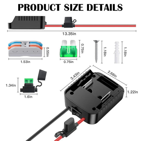 Two Pack Battery Adapters Compatible With Makita 18V Batteries For Power Wheel And Tools with size details and components.