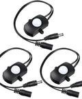 Three Pack DC 5V 24V 5A PIR Motion Activated Sensor Light Switch With DC Coupler Cable For Party LED Strip Lights Auto On Off Occupancy Sensor Easy Install No Wiring Hassle Ideal For Under Cabinet Closet Hallway Bar Lighting, black