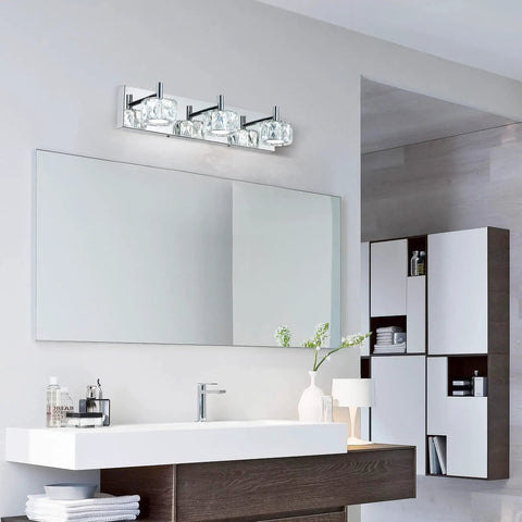 Modern LED Crystal Bathroom Vanity Lights 3 Light Chrome Stainless Steel Over Mirror Fixture for Your Bathroom Vanity Slick Home Decor Bright Elegant Vanity Lighting With Sparkling Crystal Accents mounted above mirror in bathroom