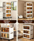 Big League Stackable Storage Bins with Secure Lids, 4-Tier Collapsible Plastic Cabinet on Easy Gliding Wheels in various rooms.