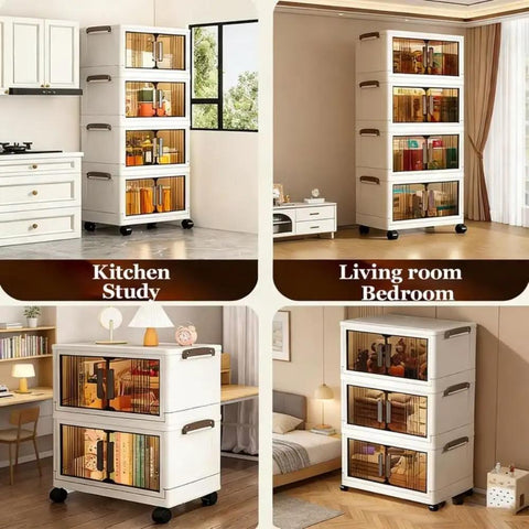 Big League Stackable Storage Bins with Secure Lids, 4-Tier Collapsible Plastic Cabinet on Easy Gliding Wheels in various rooms.